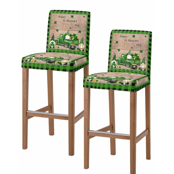 St. Patrick's Day Bar Stool Covers Set of 2, Shamrocks Gnomes Truck Rustic Wood Stretch Washable Bar Chair Covers with Backs, Removable Pub Counter Height Chair Cover for Kitchen Dining Room Cafe