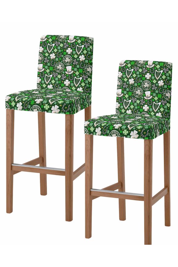 St. Patrick's Day Bar Stool Covers Set of 2, Spring Green Lucky Leaf Harps Hats Stretch Washable Bar Chair Covers with Backs, Removable Pub Counter Height Chair Cover for Kitchen Dining Room Cafe