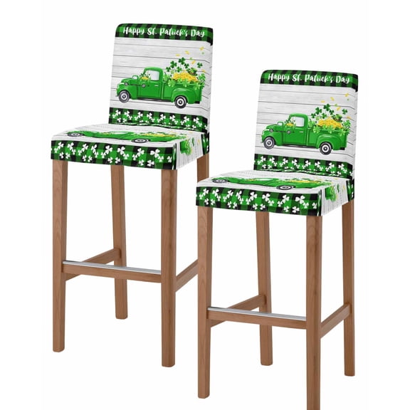 St. Patrick's Day Bar Stool Covers Set of 2, Spring Lucky Grass Truck Gray Wood Plaid Stretch Bar Chair Covers with Backs, Removable Pub Counter Height Chair Cover for Kitchen Dining Room Cafe