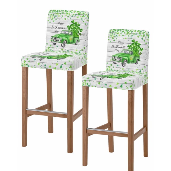 St. Patrick's Day Bar Stool Covers Set of 2, Spring Lucky Grass Truck Gray Wood Stretch Washable Bar Chair Covers with Backs, Removable Pub Counter Height Chair Cover for Kitchen Dining Room Cafe