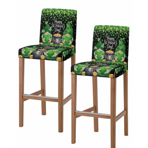 St. Patrick's Day Bar Stool Covers Set of 2, Spring Lucky Shamrocks Green Gnomes Black Stretch Bar Chair Covers with Backs, Removable Pub Counter Height Chair Cover for Kitchen Dining Room Cafe