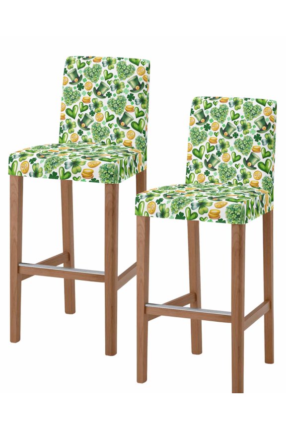 St. Patrick's Day Bar Stool Covers Set of 2, Spring Shamrocks Green Love Heart Hats Stretch Washable Bar Chair Covers with Backs, Removable Pub Counter Height Chair Cover for Kitchen Dining Room Cafe