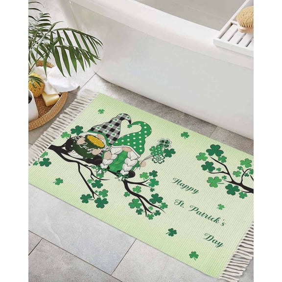 St. Patrick's Day, Bath Rug 2x3ft Woven Bathroom Entryway Runner Rug, Shamrock Gnomes Coin Washable Living Room Hallway Bedroom Kitchen Carpet with Tassels, Non-Shedding Indoor Outdoor Throw Doormat