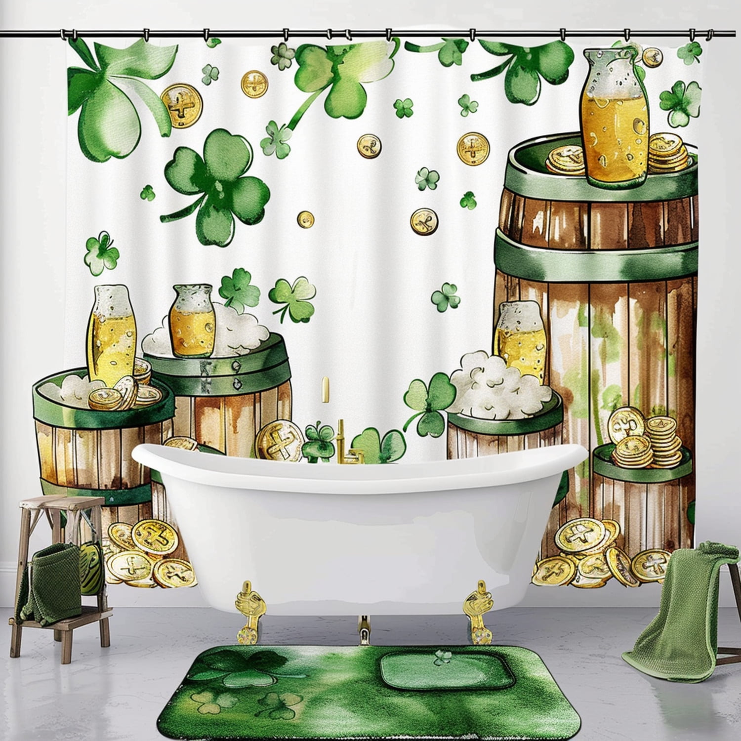 St Patrick's Day Bathroom Decor Set: Clover & Gold Coin Theme Green 