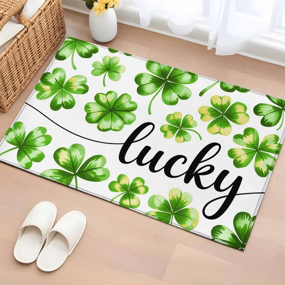 St Patrick's Day Bathroom Rug Washable 2x3 Entryway Rug Non Slip Lucky Shamrock Leaf Plants Spring Green Front Door Mat Low Pile Indoor Doormat Throw Floor Carpet for Kitchen Bedroom Entrance