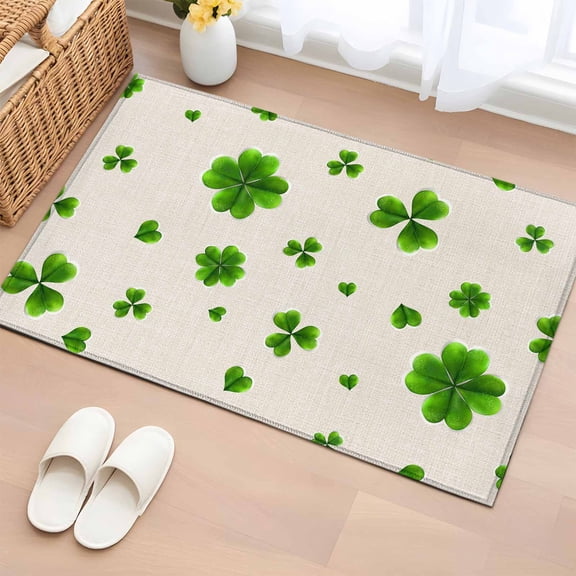St. Patrick's Day Bathroom Rug Washable 2x3 Entryway Rug Non Slip Spring Green Lucky Shamrock Vintage Beige Front Door Mat Low Pile Indoor Doormat Throw Floor Carpet for Kitchen Bedroom Entrance