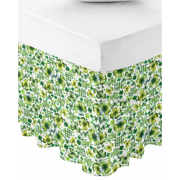 St. Patrick's Day Bed Skirt Queen Size 16 Inch Drop, Wrap Around Bed Skirts, Lucky Shamrocks Spring Country Leaves Elastic Bedskirt Pleated Bed Frame Cover Luxurious Dust Ruffle for Queen Bed