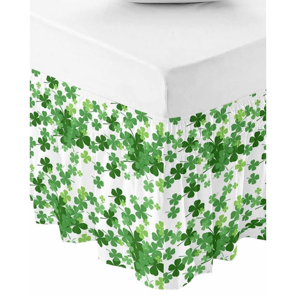 St. Patrick's Day Bed Skirt Queen Size 16 Inch Drop, Wrap Around Bed Skirts, Spring Green Lucky Four-leaf Grass Elastic Bedskirt Pleated Bed Frame Cover Luxurious Dust Ruffle for Queen Bed