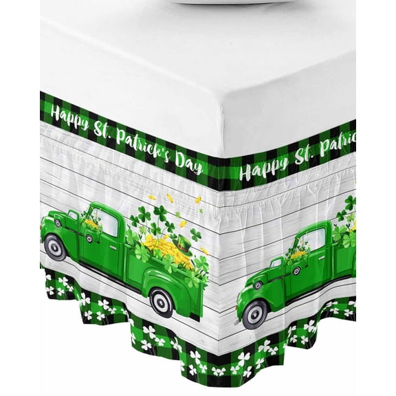 St. Patrick's Day Bed Skirt Queen Size 18 Inch Drop, Wrap Around Bed Skirts, Spring Lucky Grass Truck Gray Wood Plaid Elastic Bedskirt Pleated Bed Frame Cover Luxurious Dust Ruffle for Queen Bed