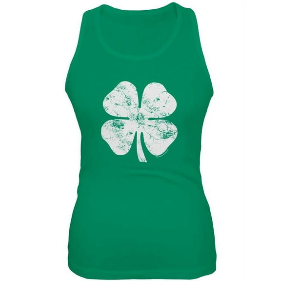 St. Patrick's Day Big White Shamrock Kelly Green Juniors Soft Tank Top - Medium