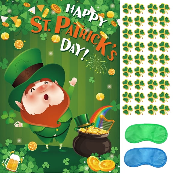 Pin The Shamrock On The Green Hat for St. Patricks Day Party Favors, 7pcs Saint Patricks Day Decorations Set Including St. Patricks Day Pin The Game Poster Stickers etc St Patrick Party Games