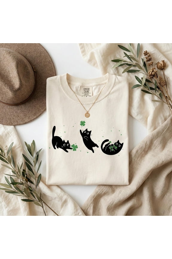 St. Patrick's Day Black Cat C T-Shirt, Lucky Clover Graphic, Earthy Brown