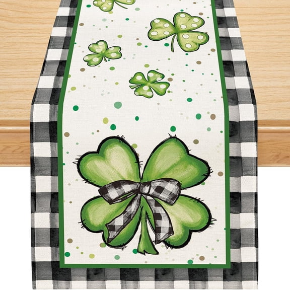St. Patrick's Day Black and White Checkered Table Flag, Four-Leaf Design Linen Table Cloth for Holiday Decoration, 13"x47"