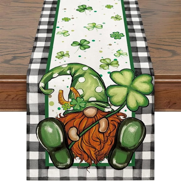 St. Patrick's Day Black and White Checkered Table Flag, Four-Leaf Design Linen Table Cloth for Holiday Decoration, 13"x47"