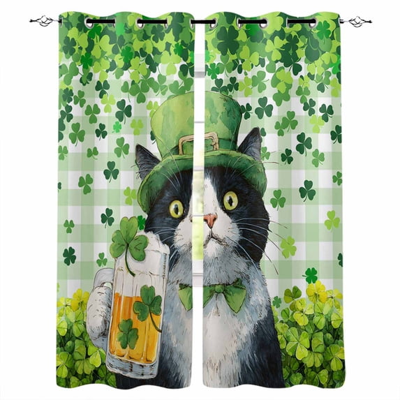 St. Patrick's Day Blackout Curtains for Bedroom Living Room Darkening Curtains 54 Inch Long Cat Beer Green Clovers Buffalo Plaid Short Curtain for Small Window Treatment Grommet Drapes 52"x54"x2