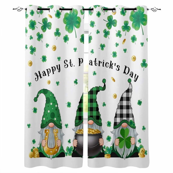 St. Patrick's Day Blackout Curtains for Bedroom Living Room Darkening Curtains 54 Inch Long Green Gnomes Shamrock Gold Coin Plaid Short Curtain for Small Window Treatment Grommet Drapes 42"x54"x2