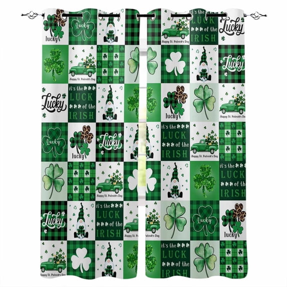 St. Patrick's Day Blackout Curtains for Bedroom Living Room Darkening Curtains 84 Inch Length 2 Panels Set Green Checked Luck Leaves Gnomes Window Curtain Window Treatment Grommet Drapes 52"x84"