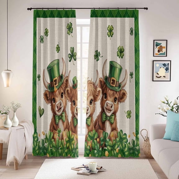 St. Patrick's Day Blackout Curtains for Bedroom/Living Room, Pinch Pleated Black Out Curtains, Green Shamrock Highland Cow Glod Coin Beige Room Darkening Window Drapes with Hooks 2 Panels, 39"x70"
