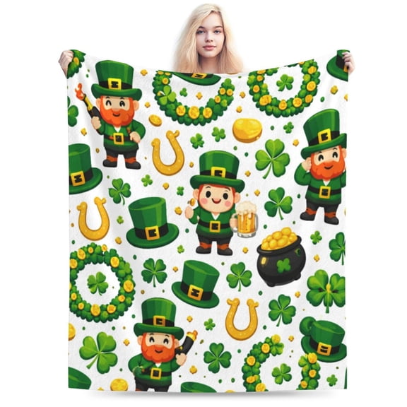 St. Patrick’s Day Blanket – Cute Leprechaun & Shamrock Pattern Throw Blanket 50x40
