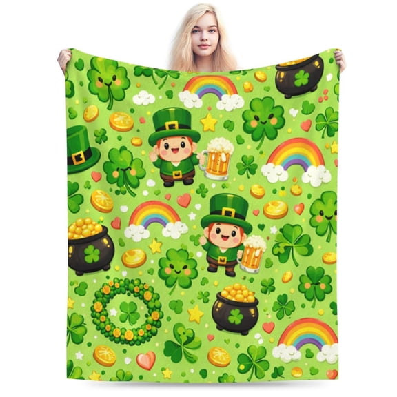St. Patrick’s Day Blanket – Cute Leprechaun & Shamrock Pattern Throw Blanket 50x40