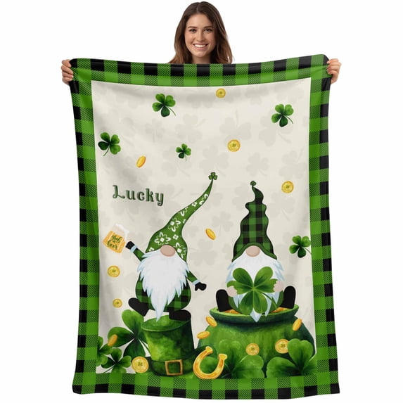 St. Patrick's Day Blanket Soft Cozy Warm Throw Blanket for Couch, Plush Fuzzy Flannel Fleece Blankets for Sofa, Gnomes Shamrock Gold Coin Plaid Bed Blankets Lightweight Gifts for Women, 50"x60"