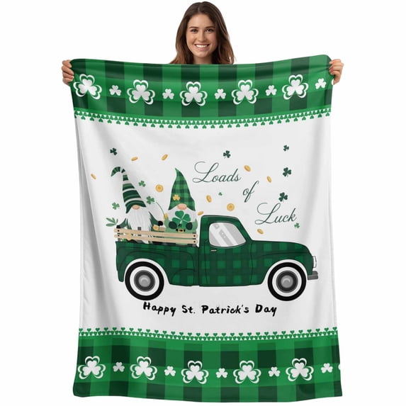 St. Patrick's Day Blanket Soft Cozy Warm Throw Blanket for Couch, Plush Fuzzy Flannel Fleece Blankets for Sofa, Spring Green Leaf Truck Gnomes Plaid Bed Blankets Lightweight Gifts for Women, 32"x48"