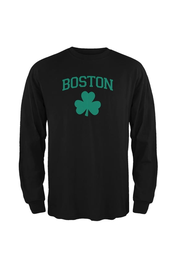 St. Patrick's Day - Boston Shamrock Black Adult Long Sleeve T-Shirt - Medium
