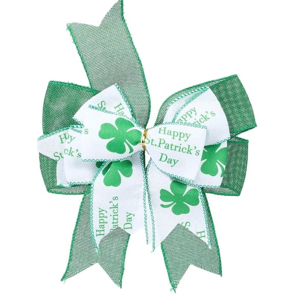 St Patrick's Day Bow for Wreath Decorations Large Burlap White Green Glitter Shamrock Bowknot Holiday Crafts Bows St Patrick's Day Tree Bows for Front Door Outdoor Outside 13.43x9.65 Inch Green