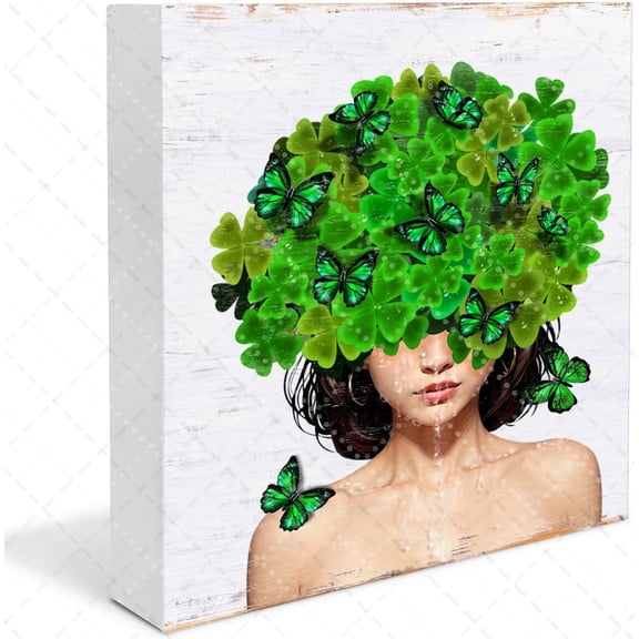 St. Patrick's Day Box Sign Irish Rustic Tabletop Decor Wood Block Plaque Irish Shamrock Girl Wood Box Signs Lucky House Sign for St. Patrick Home Table Decorations, 5x5 Inches