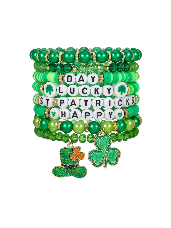 St. Patrick's Day Bracelet Set - 8 Piece Stretch Beads with Shamrock Charms for Women Teens, Holiday Party Favors Gifts