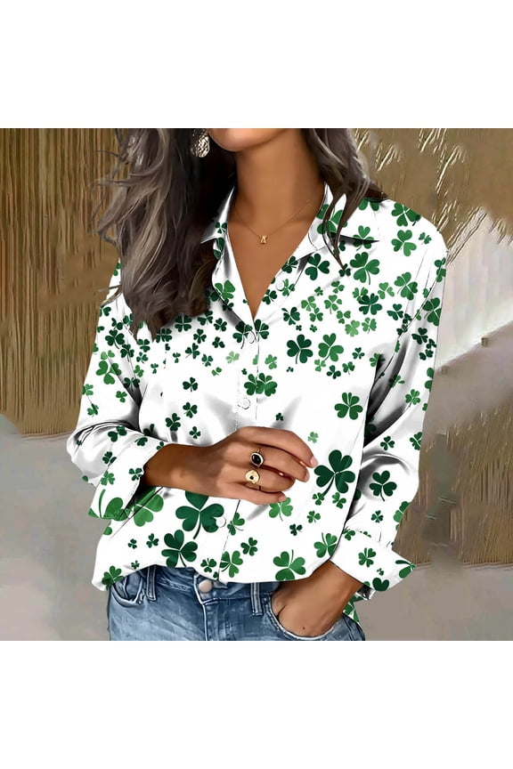 St. Patrick's Day Button Down Shirt for Women Cute Leprechaun Bunny Graphic Satin Blouse Collared Long Sleeve Loose Fit Festive Holiday Party Top