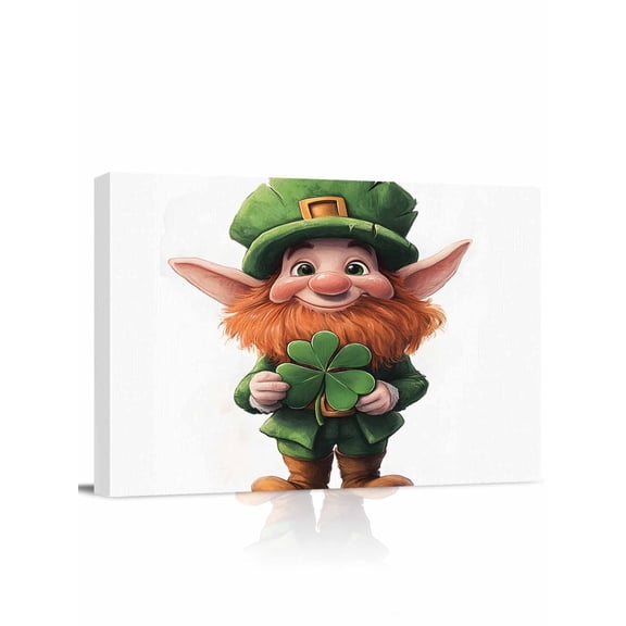 St. Patrick's Day Canvas Print Wall Art Cartoon Gnome Lucky Shamrock Pictures Painting Morden Artwork for Living Room Bedroom, Ready to Hang - 12"x16"