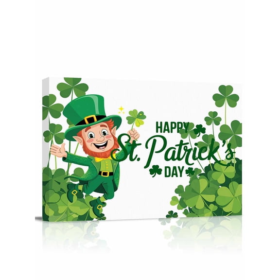 St. Patrick's Day Canvas Print Wall Art Cute Funny Cartoon Green Elf Lucky Shamrock Pictures Painting Morden Artwork for Living Room Bedroom, Ready to Hang - 12"x16"