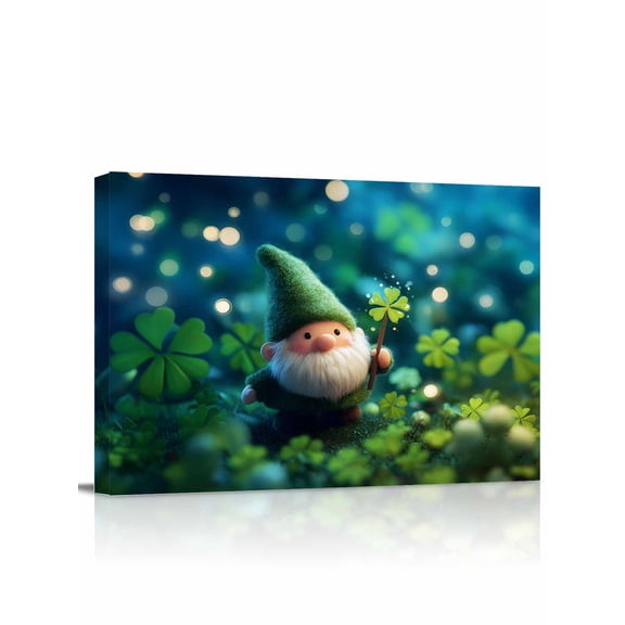 St. Patrick's Day Canvas Print Wall Art Dreamy Cute Gnome Spring Shiny Green Lucky Shamrocks Pictures Painting Morden Artwork for Living Room Bedroom, Ready to Hang - 12"x16"