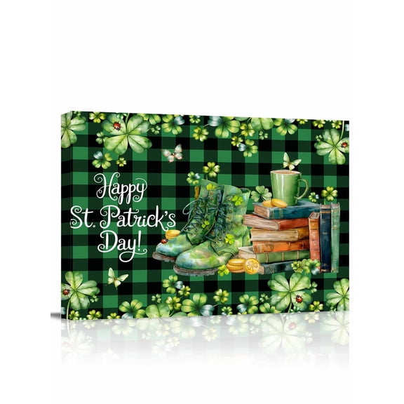 St. Patrick's Day Canvas Print Wall Art Green Boots Books Watercolor Lucky Shamrocks Dark Green Plaid Pictures Painting Morden Artwork for Living Room Bedroom, Ready to Hang - 12"x16"
