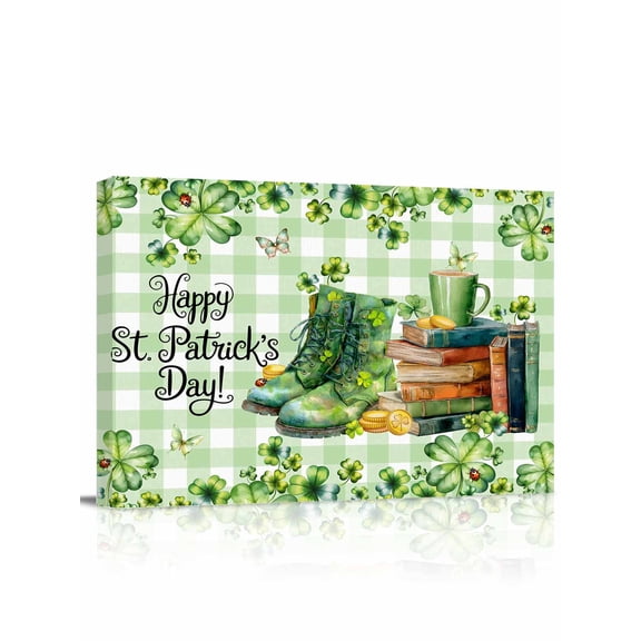 St. Patrick's Day Canvas Print Wall Art Green Boots Books Watercolor Lucky Shamrocks Light Green Plaid Pictures Painting Morden Artwork for Living Room Bedroom, Ready to Hang - 12"x16"