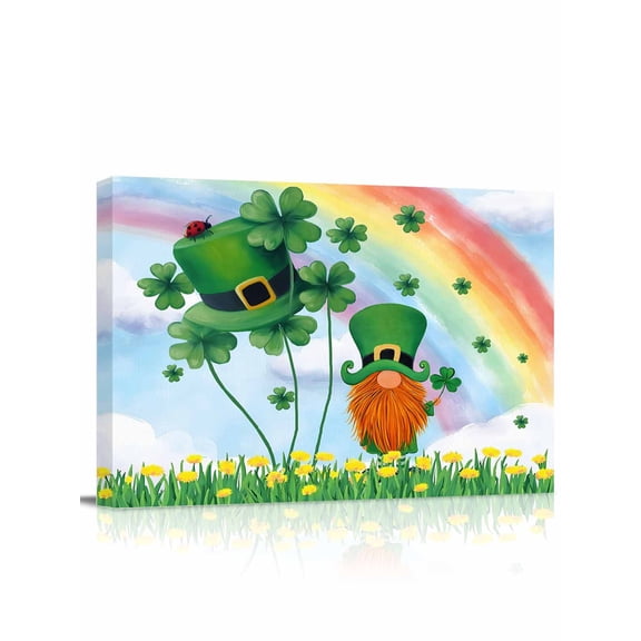St. Patrick's Day Canvas Print Wall Art Green Hat Shamrocks Gnome Rainbow Blue Sky Pictures Painting Morden Artwork for Living Room Bedroom, Ready to Hang - 12"x16"