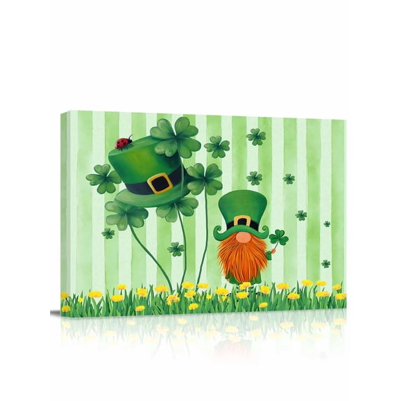 St. Patrick's Day Canvas Print Wall Art Green Hat Shamrocks Gnome Rainbow Green Stripes Pictures Painting Morden Artwork for Living Room Bedroom, Ready to Hang - 12"x16"