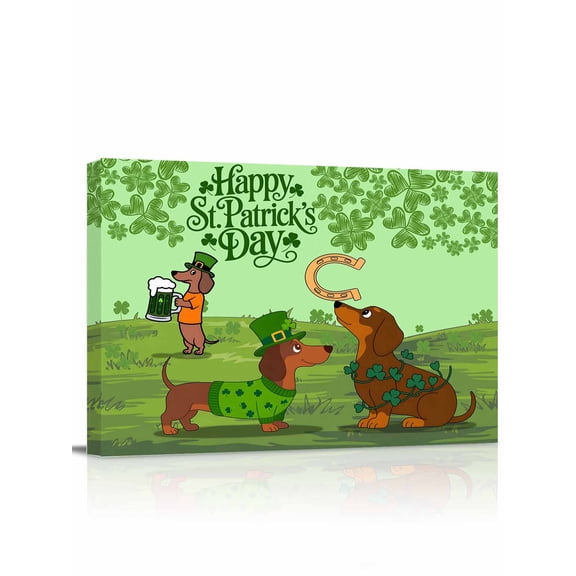 St. Patrick's Day Canvas Print Wall Art Green Shamrocks Hat Dog Horseshoes Mint Green Pictures Painting Morden Artwork for Living Room Bedroom, Ready to Hang - 12"x16"