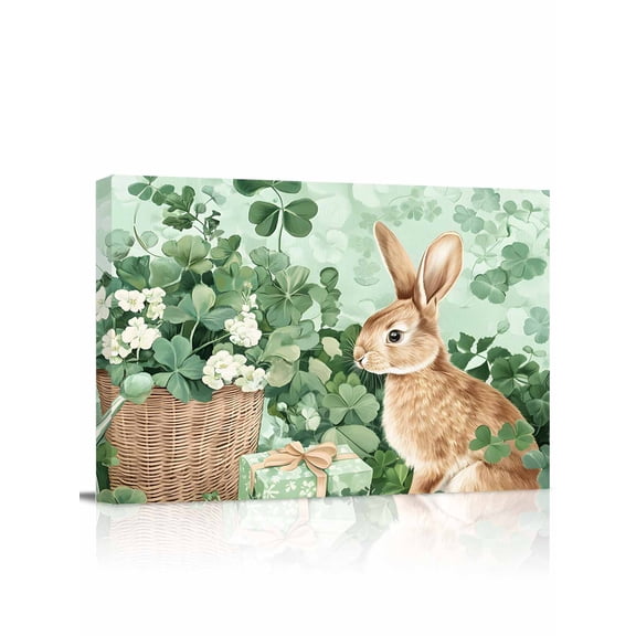 St. Patrick's Day Canvas Print Wall Art Rabbit Basket Floral Spring Green Shamrocks Pictures Painting Morden Artwork for Living Room Bedroom, Ready to Hang - 12"x16"