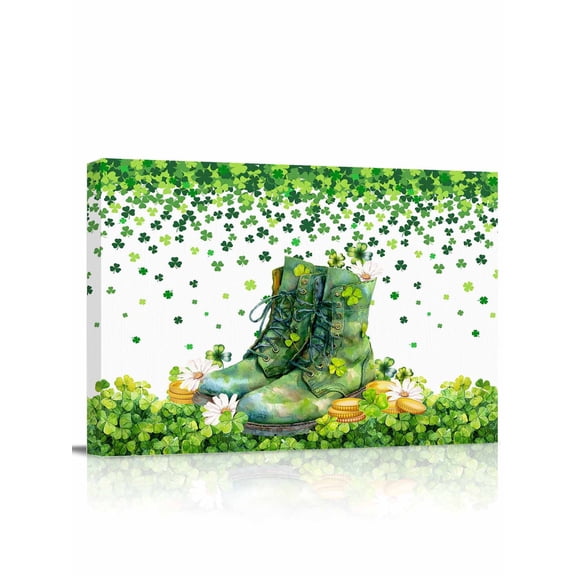 St. Patrick's Day Canvas Print Wall Art Watercolor Green Boots Lucky Shamrocks Floral Gold Pictures Painting Morden Artwork for Living Room Bedroom, Ready to Hang - 12"x16"