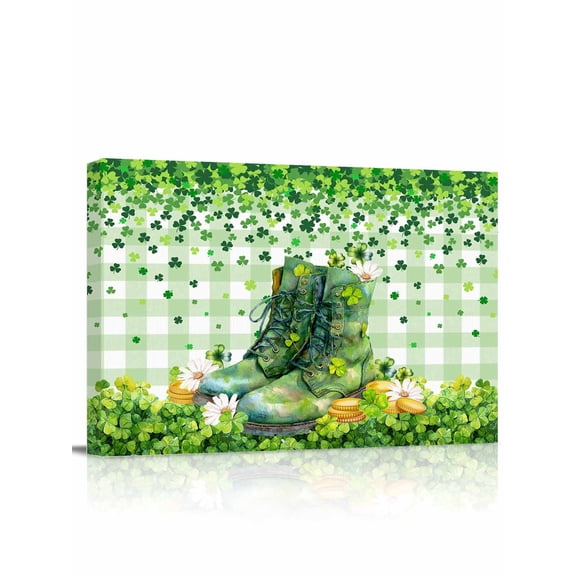 St. Patrick's Day Canvas Print Wall Art Watercolor Green Boots Lucky Shamrocks Floral Green Plaid Pictures Painting Morden Artwork for Living Room Bedroom, Ready to Hang - 12"x16"