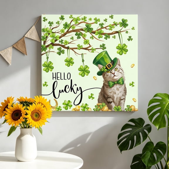 St. Patrick's Day Canvas Wall Art Framed Wall Decor for Living Room Bedroom Bathroom, Watercolor Green Hat Cat Lucky Shamrocks Coin Light Green Canvas Pictures Ready to Hang Decor, 8"x8"