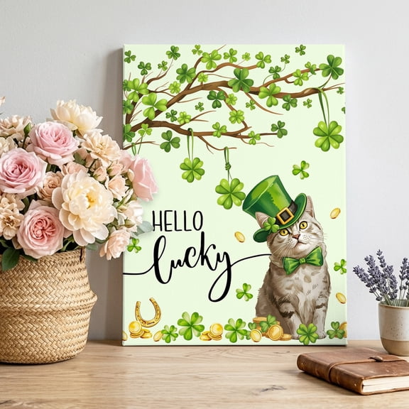 St. Patrick's Day Canvas Wall Art Framed Wall Decor for Living Room Bedroom Bathroom, Watercolor Green Hat Cat Lucky Shamrocks Coin Light Green Canvas Pictures Ready to Hang Decor, 18"x24"