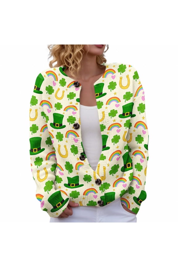 St Patrick's Day Cardigan Coat for Women-Shamrock Print Knit Button Up Jacket|Longline Fall Winter Cardigan with Pockets,Irish Themed Holiday Coat|Casual Open Front Sweater(Light Green,L)