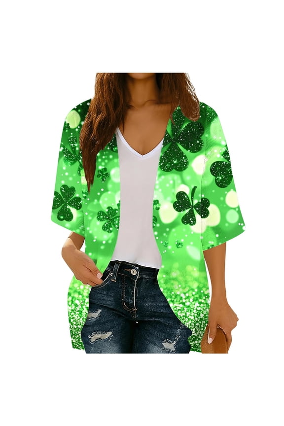 St. Patrick's Day Cardigan for Women Green Open Front Coat Loose Long Sleeve Outerwear Shamrock Jacket Ireland Shirts