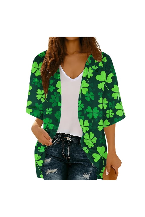 St. Patrick's Day Cardigan for Women Green Open Front Coat Loose Long Sleeve Outerwear Shamrock Jacket Ireland Shirts