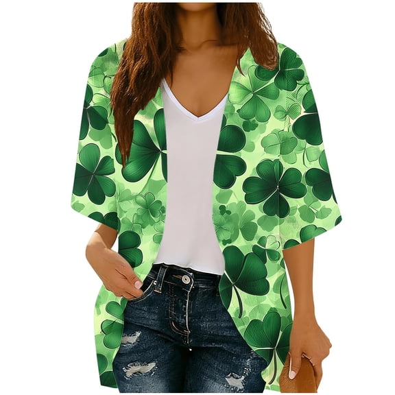 St. Patrick's Day Cardigan for Women Green Open Front Coat Loose Long Sleeve Outerwear Shamrock Jacket Ireland Shirts