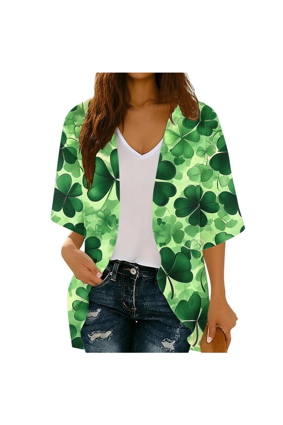 St. Patrick's Day Cardigan for Women Green Open Front Coat Loose Long Sleeve Outerwear Shamrock Jacket Ireland Shirts