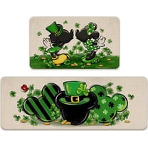 St. Patrick''s Day Cartoon Mouse Kitchen Rugs Set of 2, Shamrock Clover Top Hat Polka Dots Stripes Kitchen Mats Decor, Gold Irish Holiday Floor Door Mat Home Decorations -17x29 and 17x47 Inch